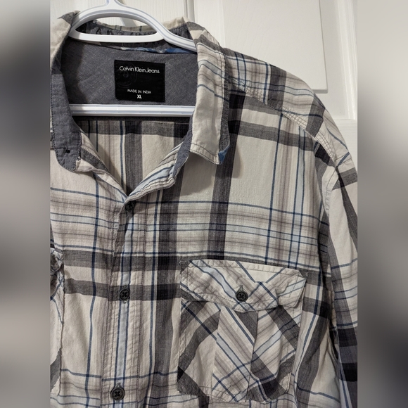 Men's Calvin Klein Jeans Grey and Blue Plaid Long-Sleeve Button Up Shirt - Picture 2 of 4